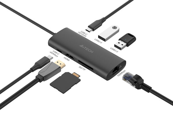 DST-80C A4Tech 8-IN-1 Docking Station Ash Grey (HDMI*1+USB2.0*1+USB3.0*1+SD*1+TF*1+USB-C*1+LAN*1+USB-C PD100W)